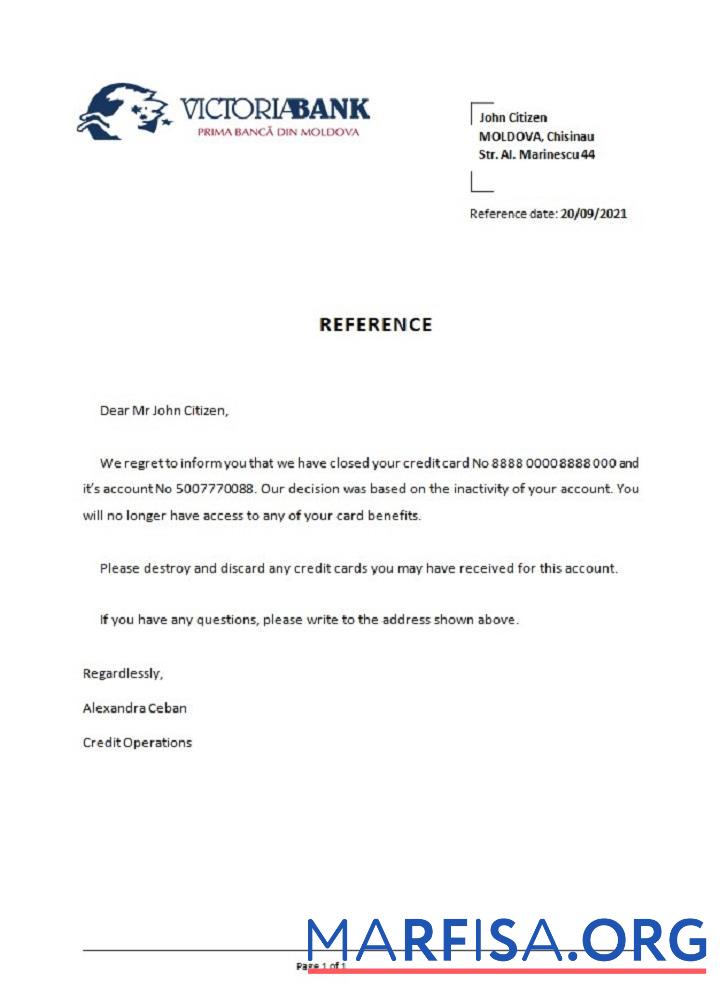 Downloadable Moldova Victoriabank closure reference example